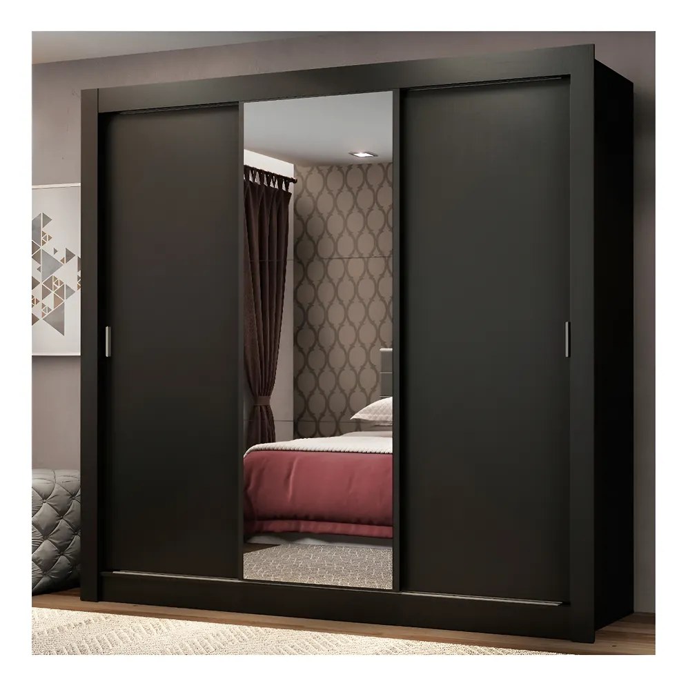 Guarda Roupa Casal Mônaco Madesa 3 Portas Correr Espelho P Cor Preto