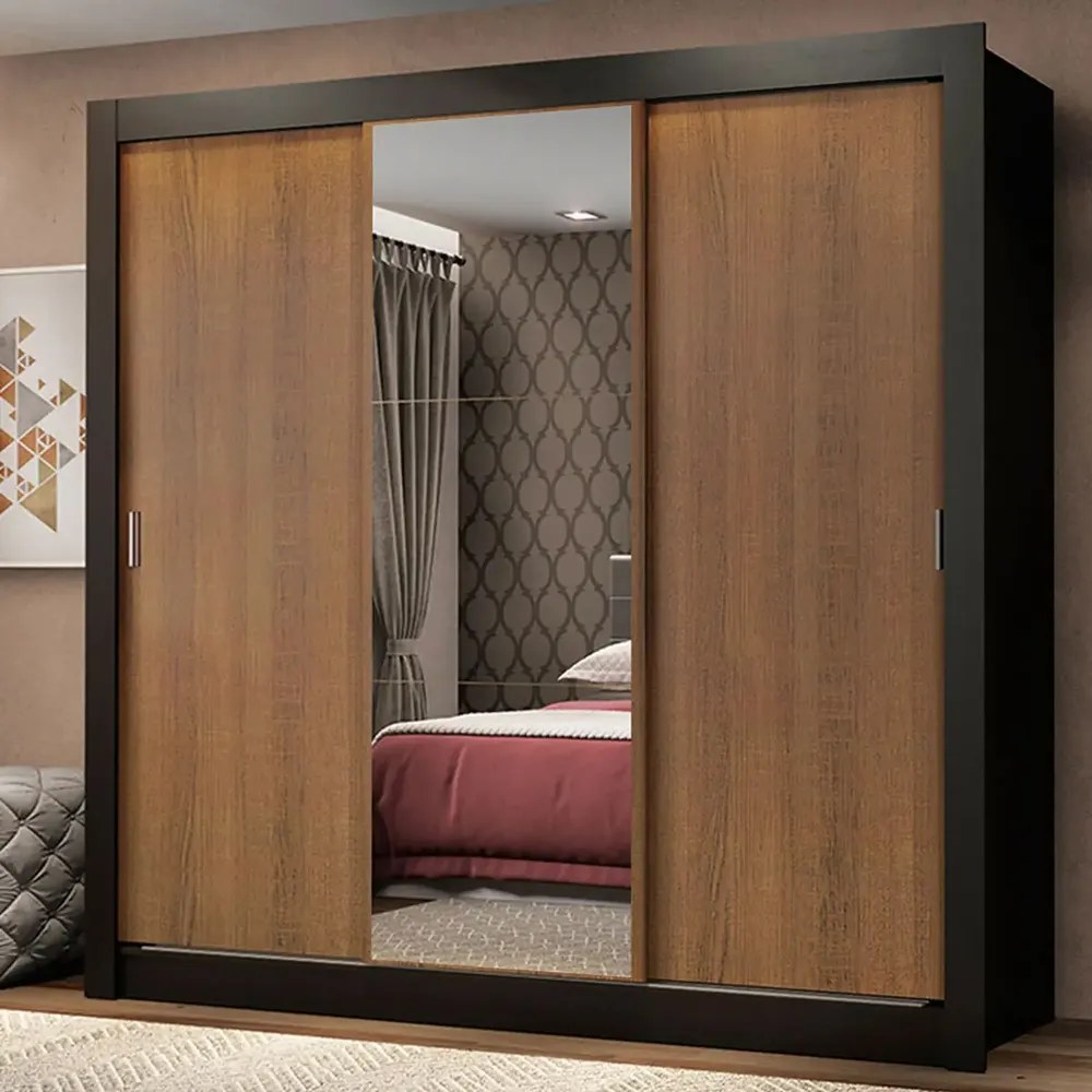 Guarda Roupa Casal Mônaco Madesa 3 Portas Correr Espelho Pr Cor Preto/Rustic 1093D81E