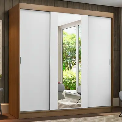 foto de Guarda-roupa Casal Madesa Reno 3 Portas Correr Com Espelho Cor Rustic/Branco 10956E1E