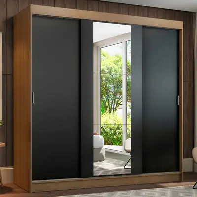 foto de Guarda-roupa Casal Reno Madesa 3 Portas De Correr Espelho Rp Cor Rustic/Preto 1095H91E