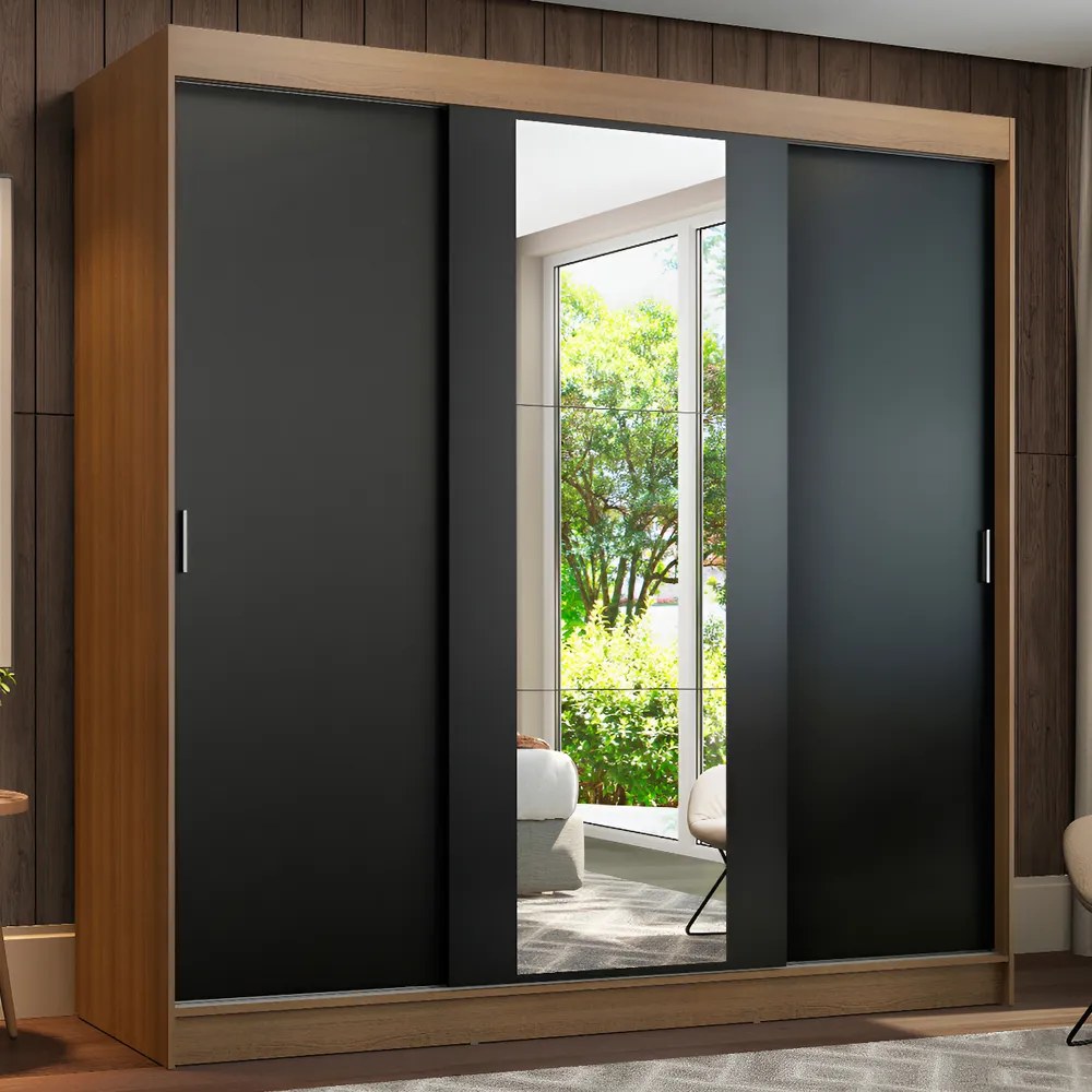Guarda-roupa Casal Reno Madesa 3 Portas De Correr Espelho Rp Cor Rustic/Preto 1095H91E