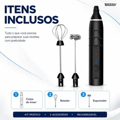 foto de Mixer Elétrico Portátil 2 em 1 Recarregável Potente Misturador de Bebidas e Ovos 3 Velocidades Usb Batedor e Fue Fouet Woosh