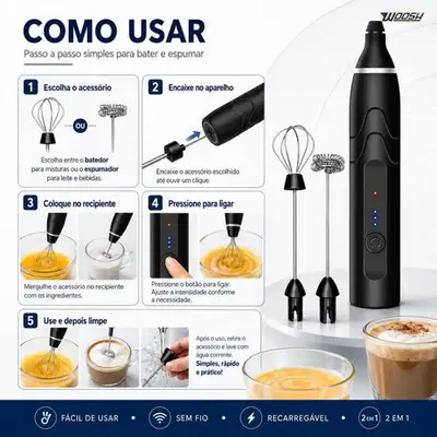 foto de Mixer Elétrico Portátil 2 em 1 Recarregável Potente Misturador de Bebidas e Ovos 3 Velocidades Usb Batedor e Fue Fouet Woosh