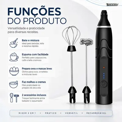 foto de Mixer Elétrico Portátil 2 em 1 Recarregável Potente Misturador de Bebidas e Ovos 3 Velocidades Usb Batedor e Fue Fouet Woosh