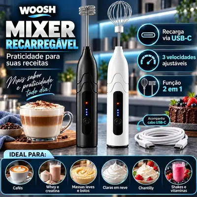 foto de Mixer Elétrico Portátil 2 em 1 Recarregável Potente Misturador de Bebidas e Ovos 3 Velocidades Usb Batedor e Fue Fouet Woosh