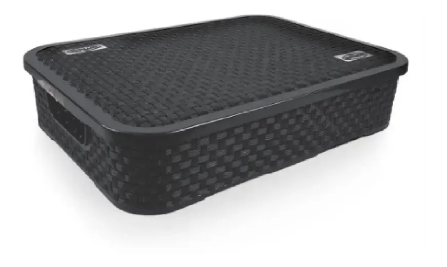 Caixa Organizadora Baixa Rattan Grande Tampa Creme Nitron Cor Preto