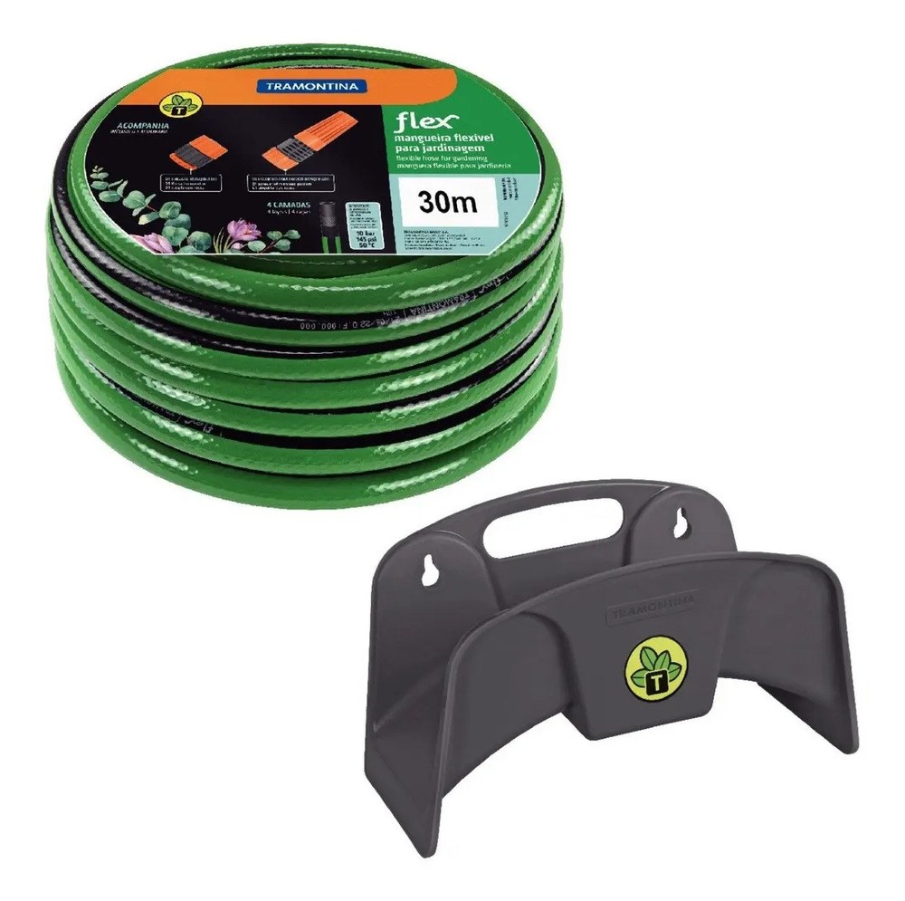 Mangueira Jardim 30m Tramontina Kit Esguicho E Suporte 1/2 Cor Verde/Preto
