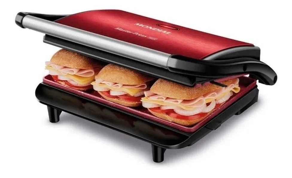 foto de Grill e Sanduicheira Press Grill Red Ceramic PG-01-RC Vermelho e Preto 1000W Mondial
