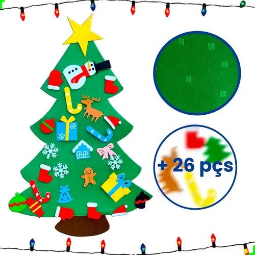 Árvore De Natal De Parede Em Feltro Com Enfeites 98cm Cromus Com enfeites colantes
