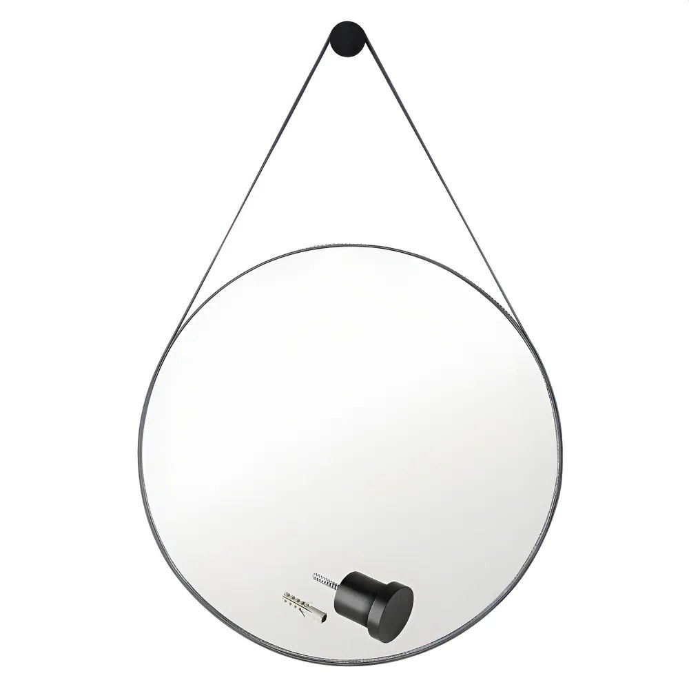 foto de Espelho Decorativo Redondo 60cm Adnet Suspenso C/ Alça Couro Preto