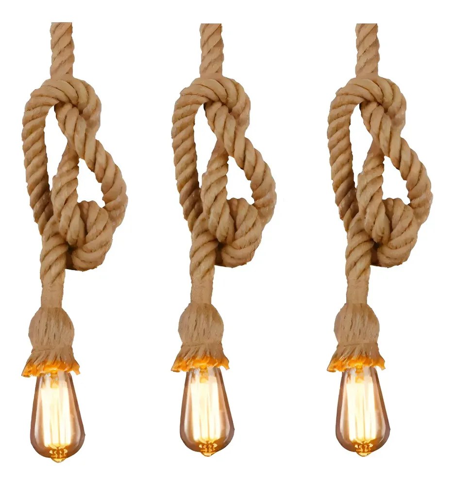 Kit 3 Luminárias Pendentes Edison Corda Retro 1,10 m Voltagem Start Decor