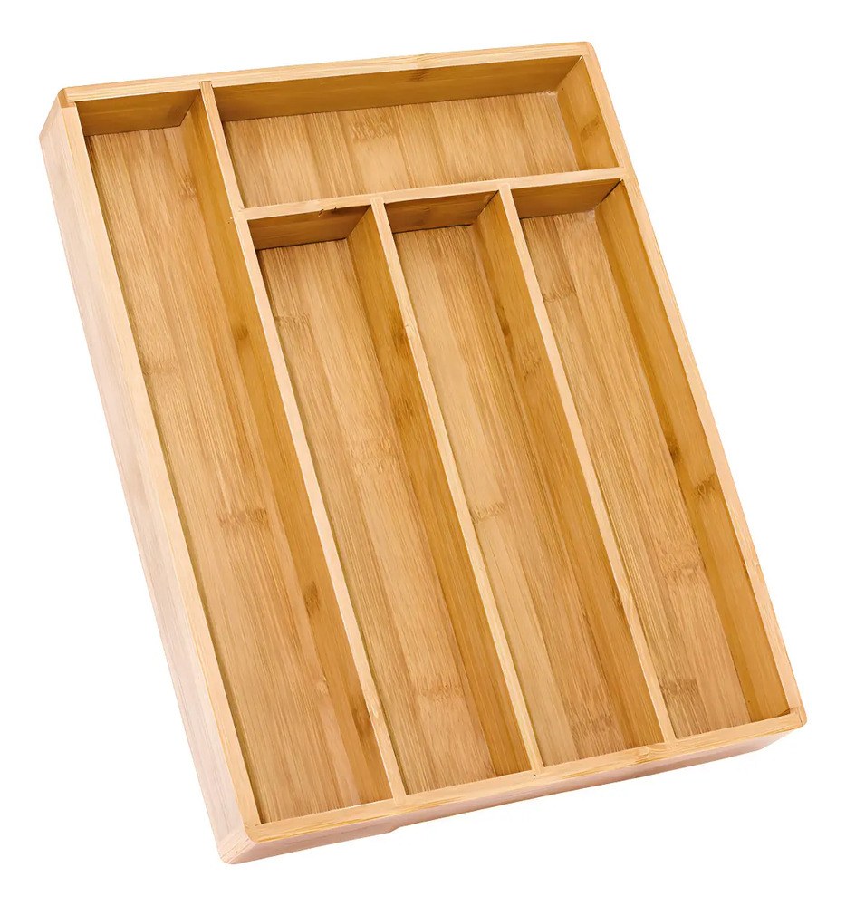 Porta Talher Bambu 35x27.7x4cm Organizador 5 Divisórias Gaveta