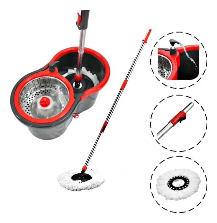 Mop Giratório Pro Com Centrífuga em Aço Inox Powermaid Cinza e Vermelho