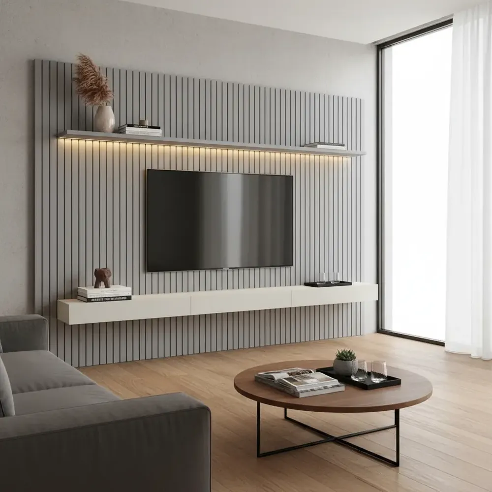 Gelius Móveis Home Para Tv Ripado Led Nobre 230 Cinza Off White