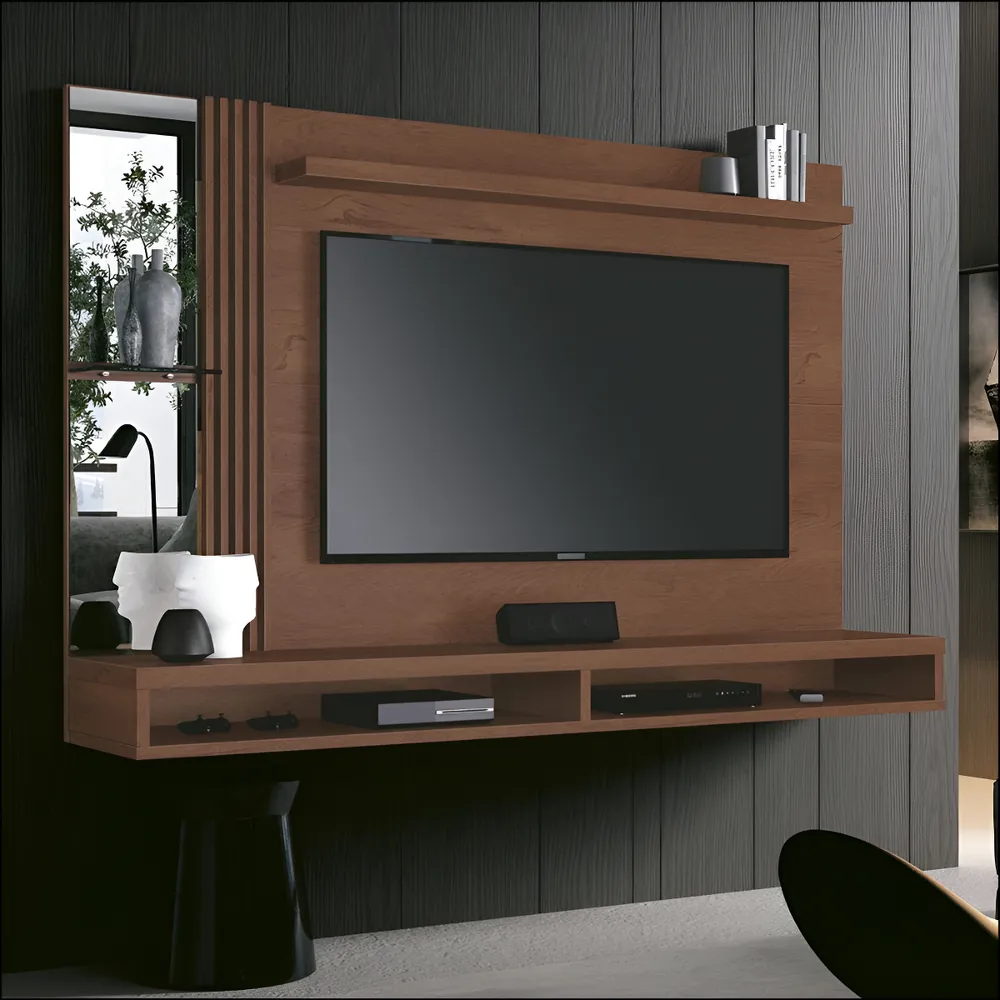 foto de Painel Para Tv Até 55 Polegadas Com Espelho E Lateral Ripada Cor Naturale