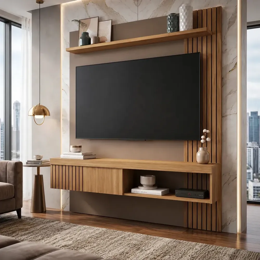 Painel Rack Suspenso Caemmun 1 Porta Ripado TV até 55