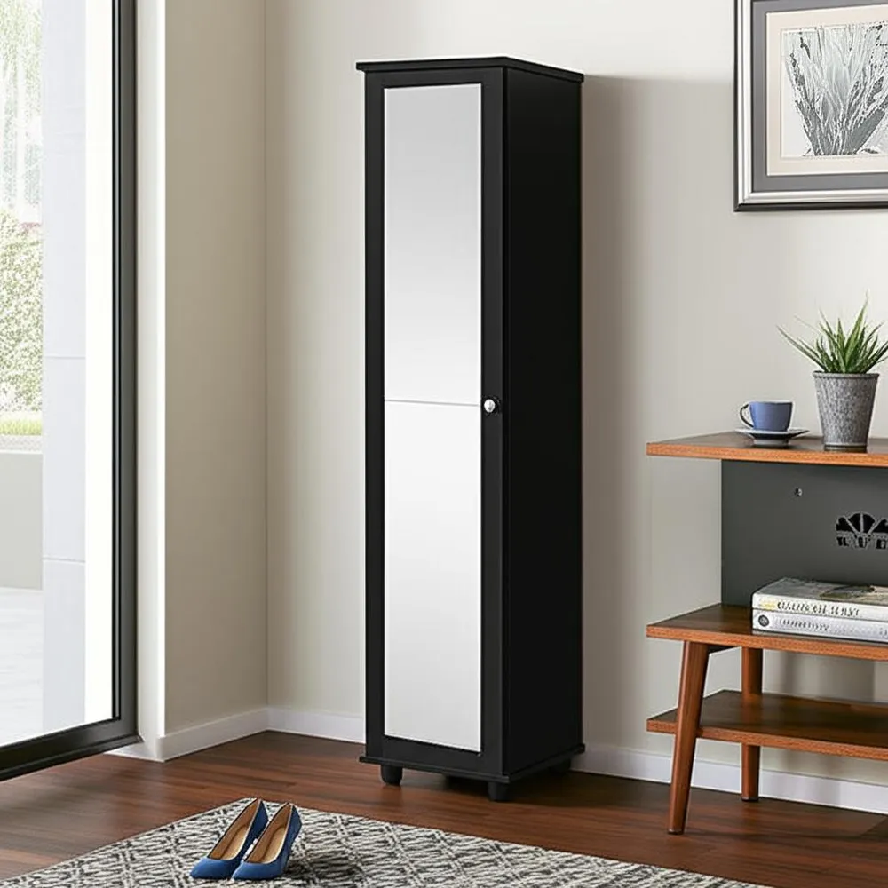 Sapateira Multiuso MDP Preto 1 Porta Espelho 4 Prateleiras 165cm