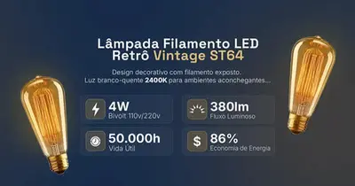 foto de Kit 3 Lâmpada Filamento Led Homefy Decorativa Retrô Vintage Âmbar Branco-quente ST64