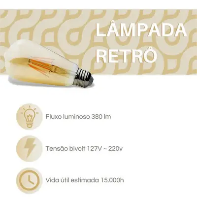 foto de Kit 3 Lâmpada Filamento Led Homefy Decorativa Retrô Vintage Âmbar Branco-quente ST64