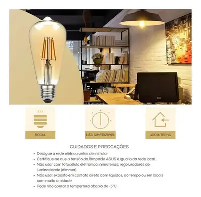 foto de Kit 3 Lâmpada Filamento Led Homefy Decorativa Retrô Vintage Âmbar Branco-quente ST64
