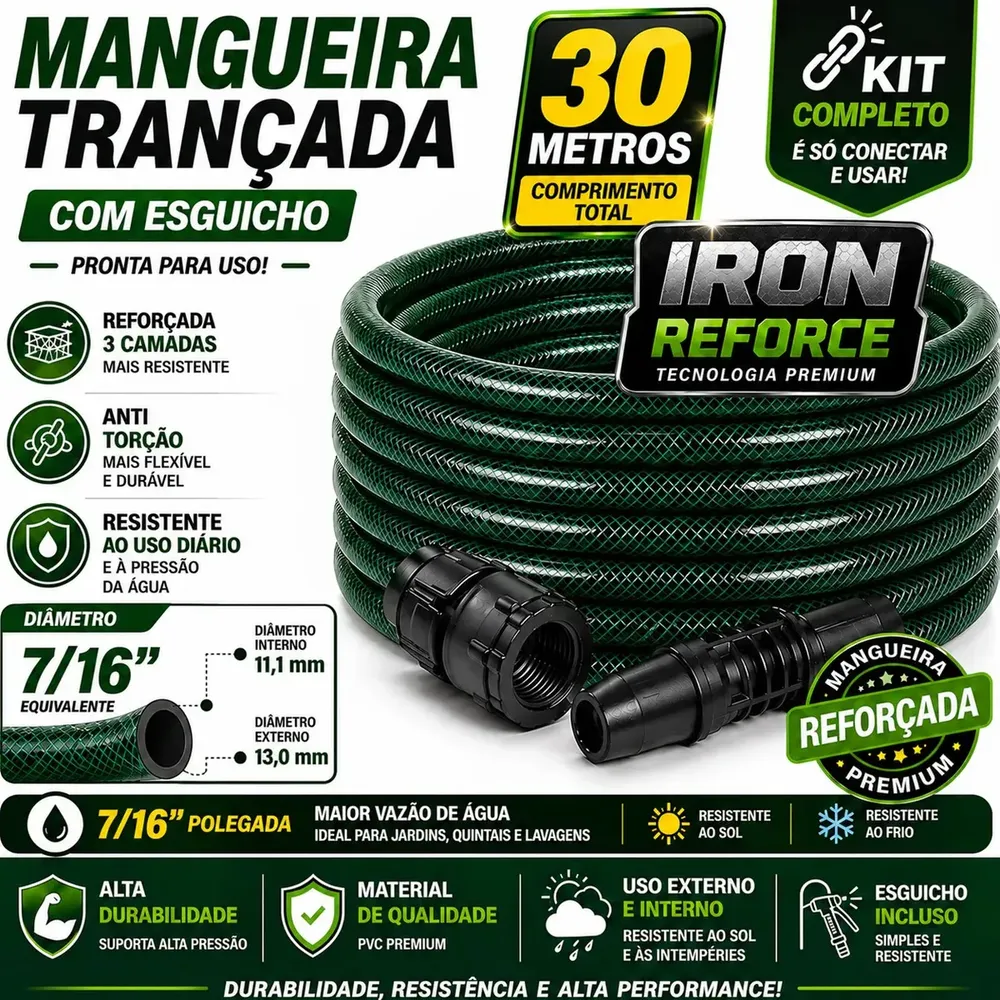 Mangueira Jardim 30 Metros Com Esguicho Trançada Mangueira Jardim 30m Metros Reforçada Flexível 7/16 Anti Mangueira de Jardim 30 Metros Dobra Irrigação Quintal Poço Lavagem Durável Lemont web