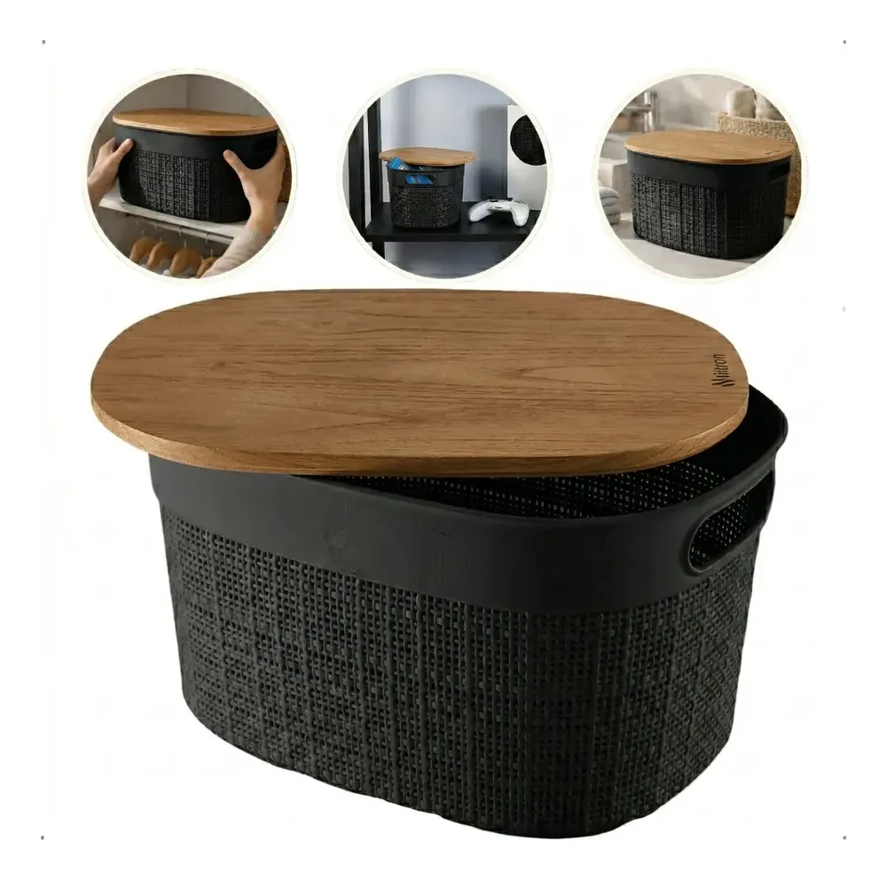 Caixa Organizadora Cesto Médio 10,8l Cor Preta Plástico BPA Free Resistente Tampa Estilo Madeira Empilhável Multiuso Ideal Organiza Roupas Brinquedos Closet Banheiro Escritório Durável
