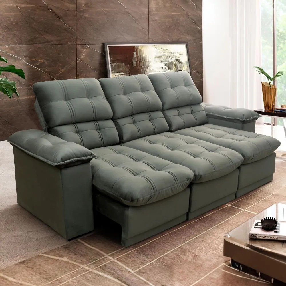 foto de Sofá Retrátil Reclinável Atenas 2,30m Suede Velut Cinza
