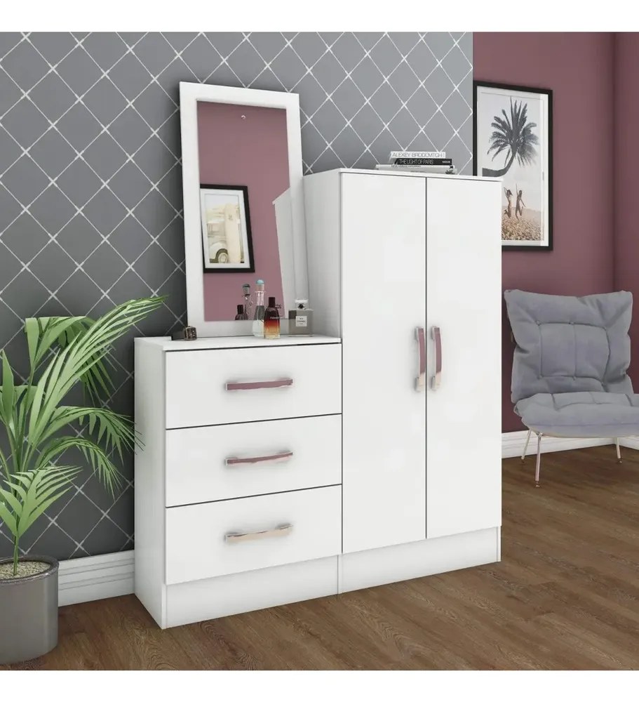 Cômoda Sapateira Espelho Siena Móveis Branco 3 Gavetas 2 Portas