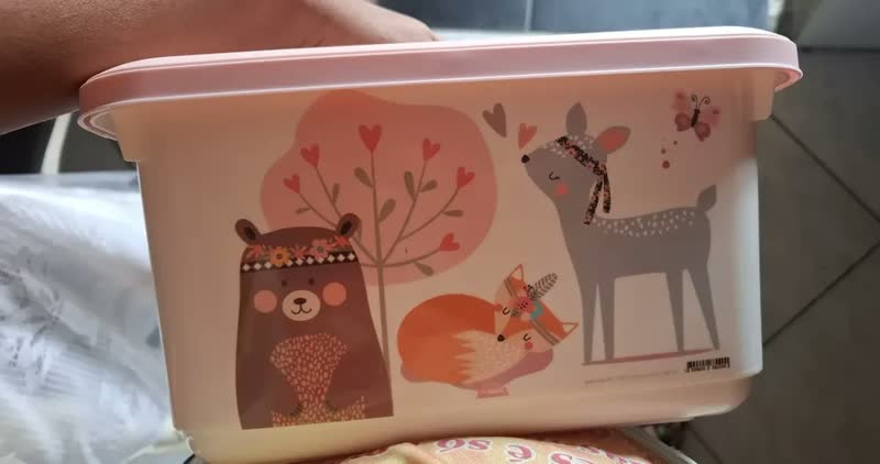 foto de Caixa Organizadora Cesto Infantil Com Alça Trava 5,2 Litros Cor Rosa Bichinhos