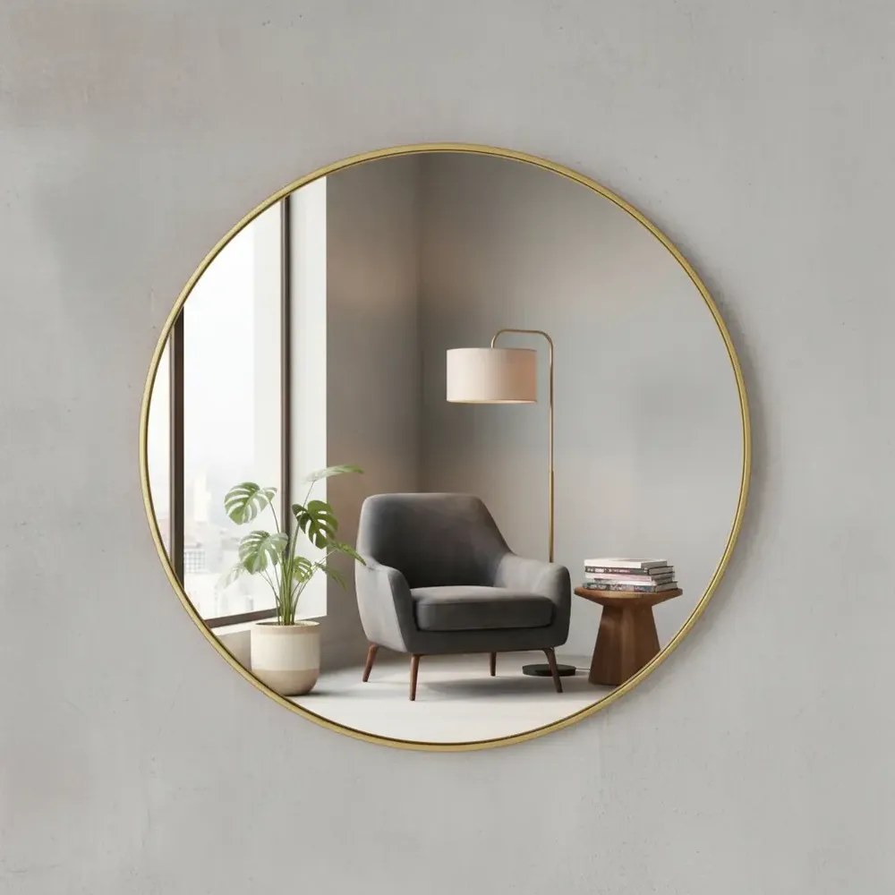 Espelho Redondo Grande Com Moldura Dourada Lavabo Sala 60cm