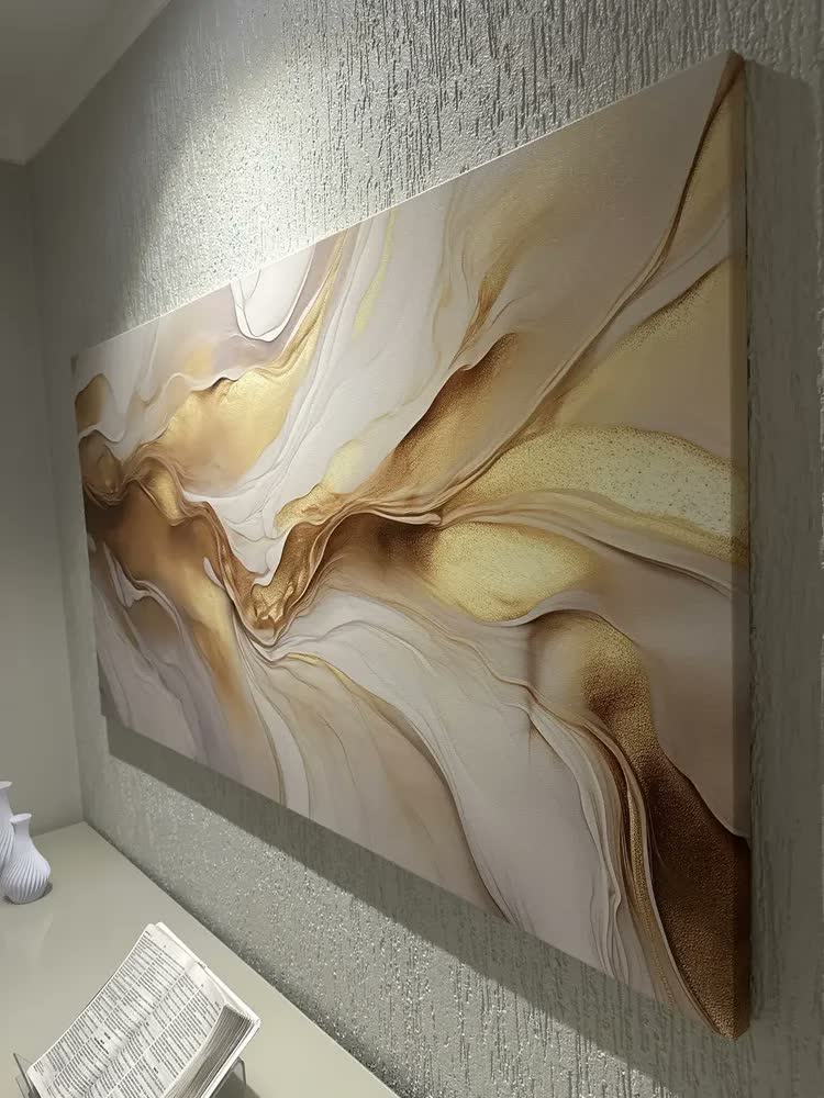 foto de Quadro Sala Abstrato Dourado Luxo Decorativo Grande 130x70 Armação Impresso Nas Laterais 3cm
