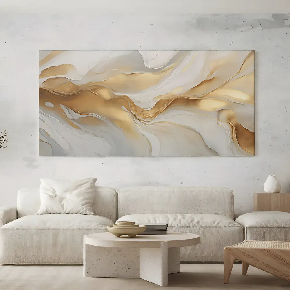 Quadro Sala Abstrato Dourado Luxo Decorativo Grande 130x70 Armação Impresso Nas Laterais 3cm