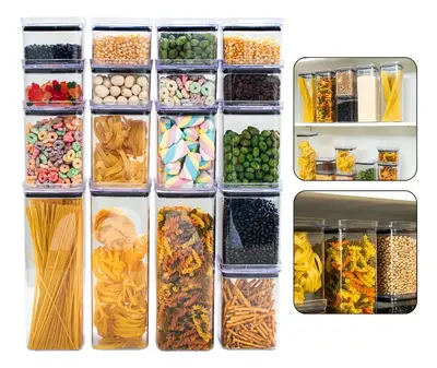 foto de Kit 17 Potes Herméticos Acrílicos Empilháveis Quadrados Transparente para Cozinha e Despensa