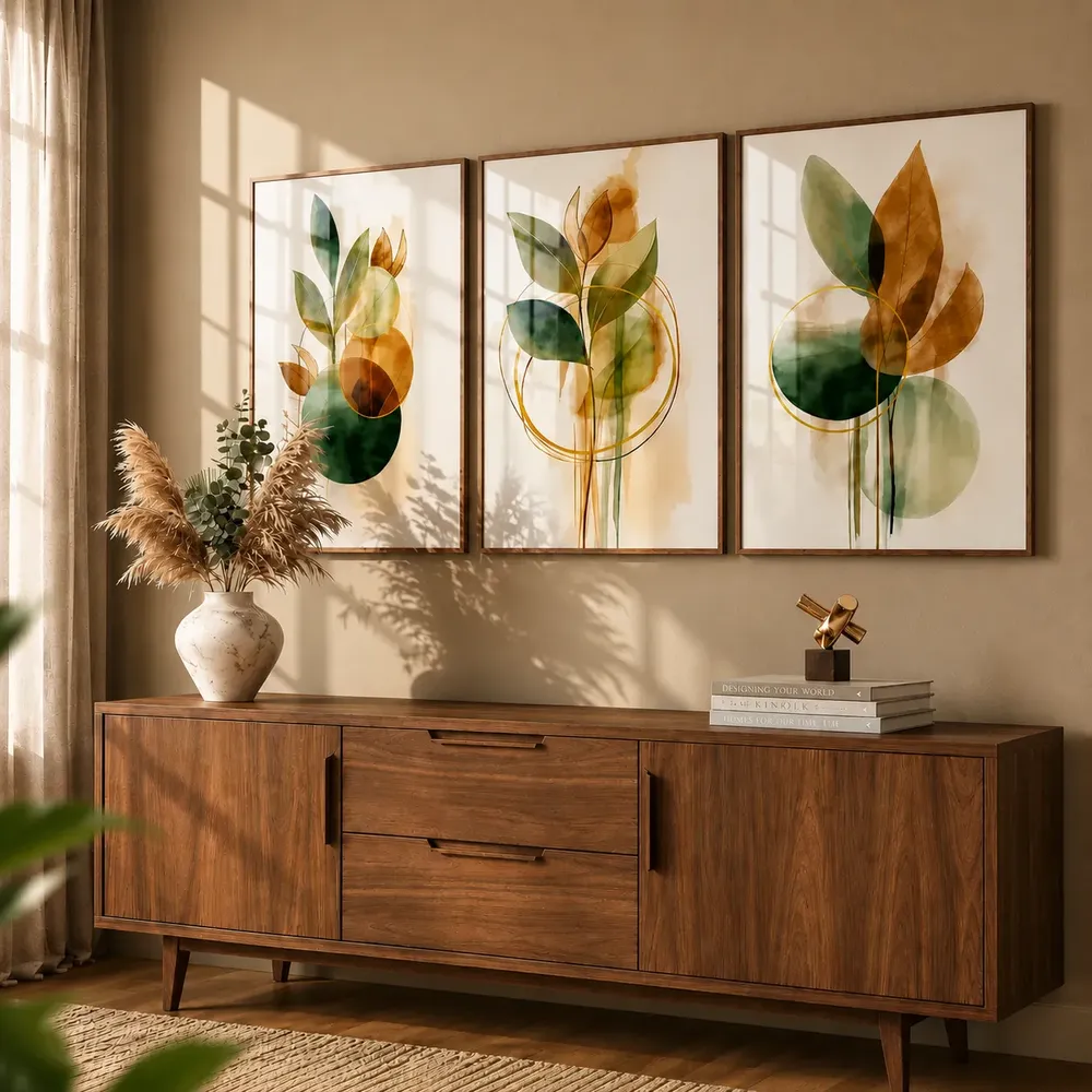 foto de Quadros Decorativos Sala Quarto Flores Moldura Trio Folhas