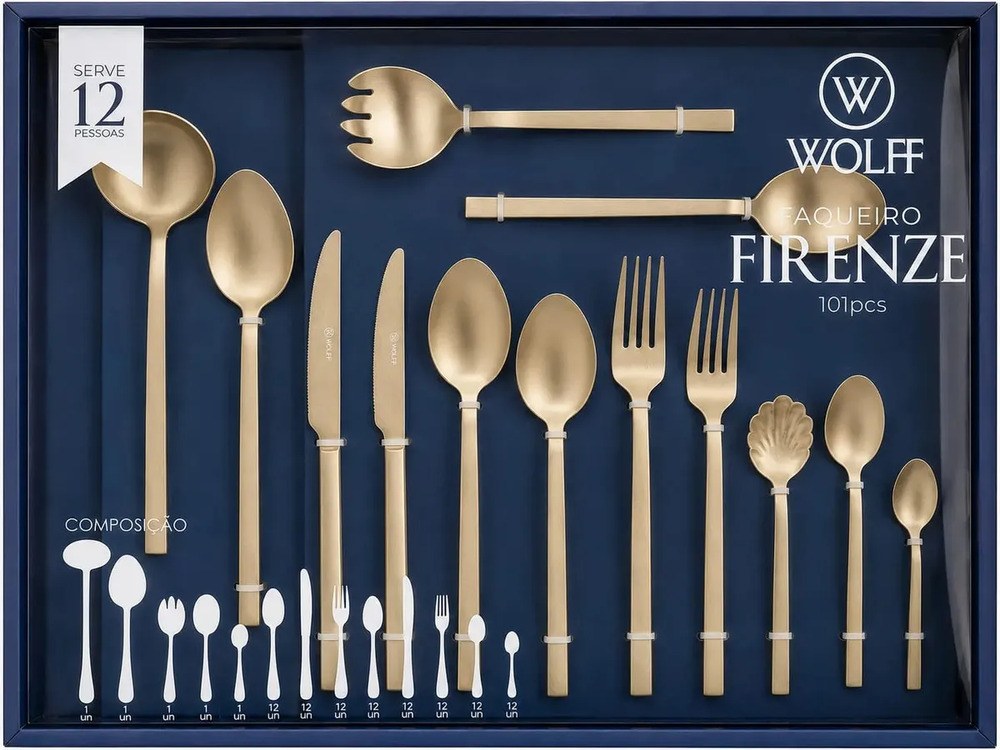 Faqueiro Wolff Mesa Firenze 101 Peças champanhe Caixa Litografada Champanhe