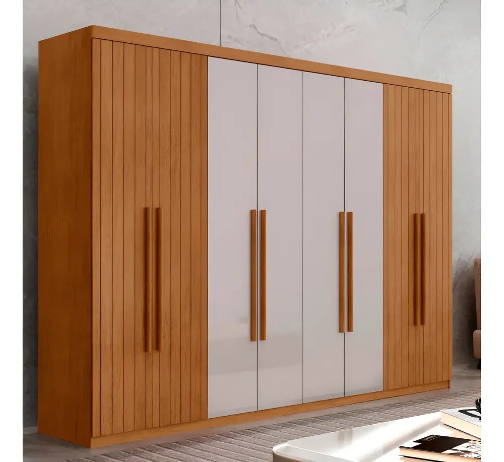 Guarda Roupa Casal Toronto Mdf 8 Portas Moderna Mobília Cor Naturale/Off White/Naturale