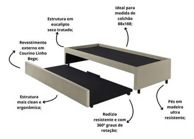 foto de Bicama Box Solteiro Eucalipto Bege 88x188 p/ Dois Colchões