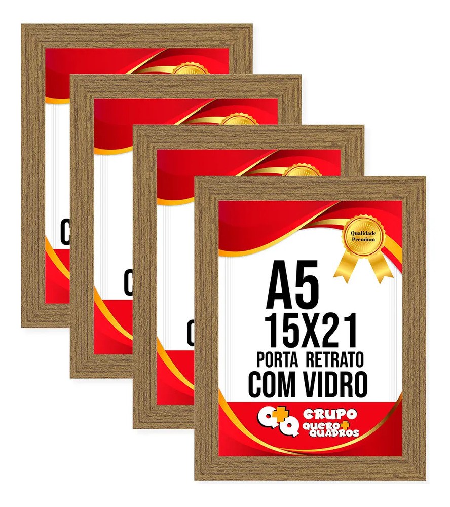 Kit 4 Porta Retrato 15x21 Moldura Laqueada Fosco Vidro Comum Cor Freijó