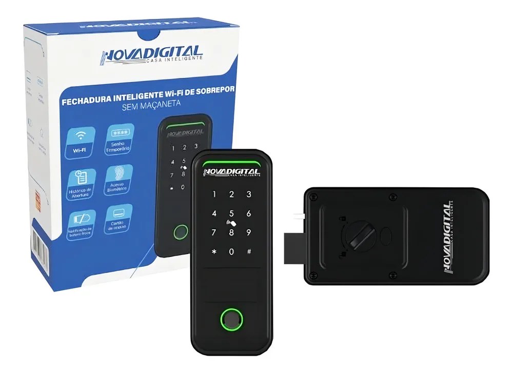 Fechadura Inteligente Eletrônica Sobrepor Wifi Novadigital SM-07 Biometria Digital Senha Cartão Chave Sem Maçaneta Preta