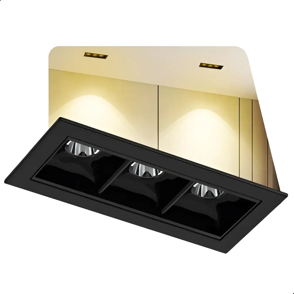 Spot Embutir LED VLED Preto 6W Teto 3000K Picco Triplo Linear Quadrado
