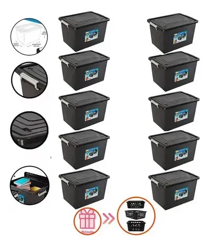 Kit Com 10 Caixas Organizadoras Com Tampa E Trava 56 Litros Grande Resistente Com Brinde 123 Organizei