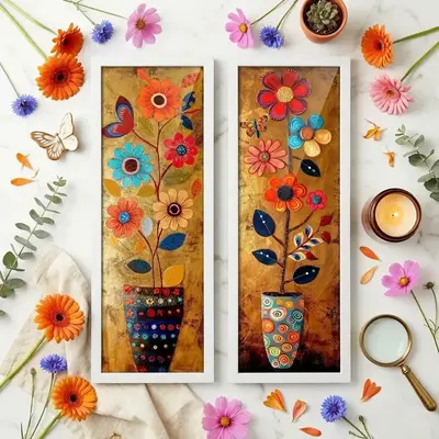 foto de Kit 2 Quadros Sala, Varanda, Vasos, Flores, Borboleta Vidro