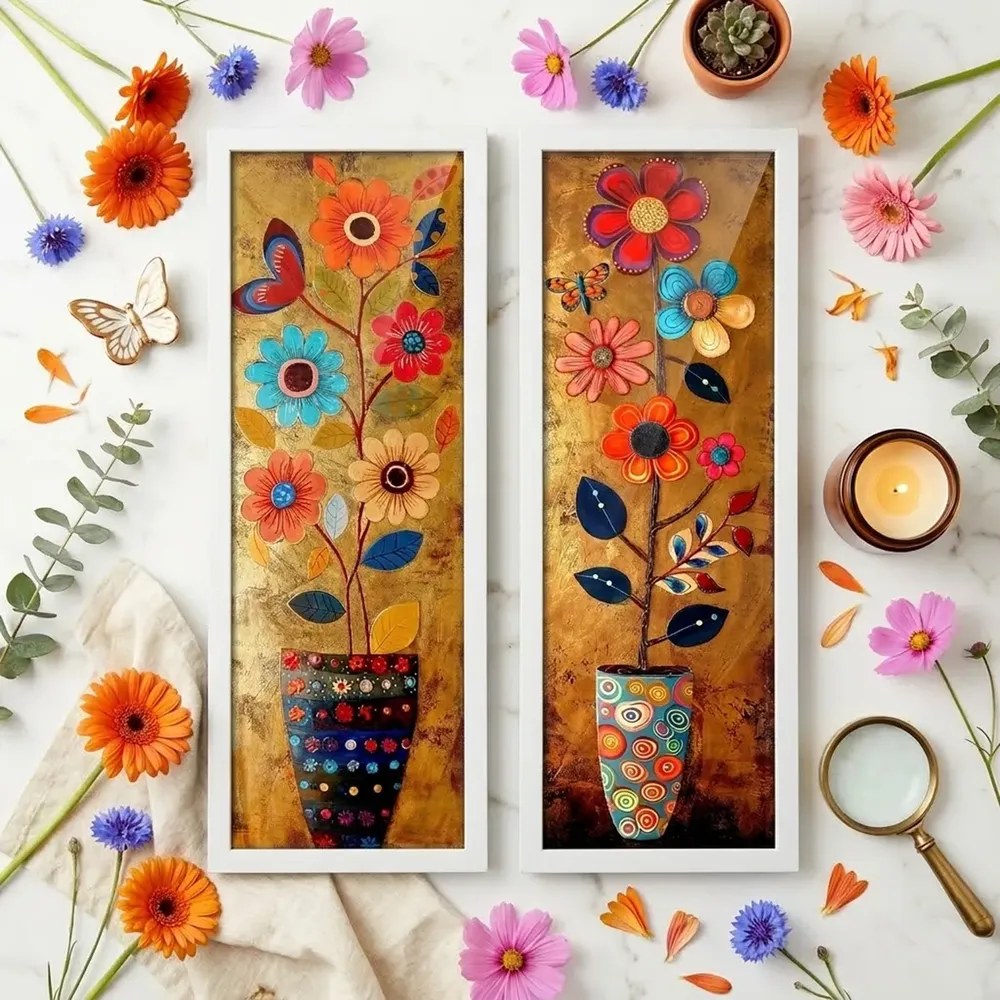 Kit 2 Quadros Sala, Varanda, Vasos, Flores, Borboleta Vidro
