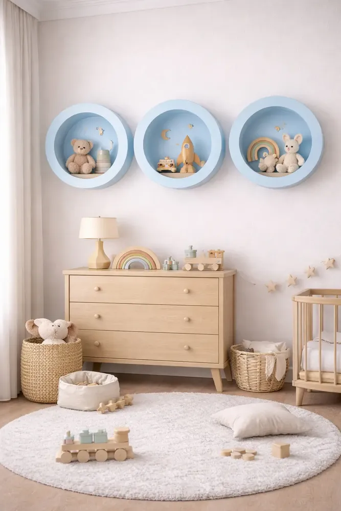 foto de Trio Nicho Decorativo Infantil Redondo Mdf Decoração Parede