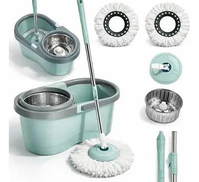 foto de Mop Giratório 8l Rodinhas Esfregão 130cm Cesto Inox C/ Refil