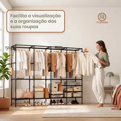 foto de Guarda Roupa Dobravel Closet Aberto Organizador De Roupas Desmontavel E Arara Organizadora 4 Colunas Em Aço Resistente Rishon