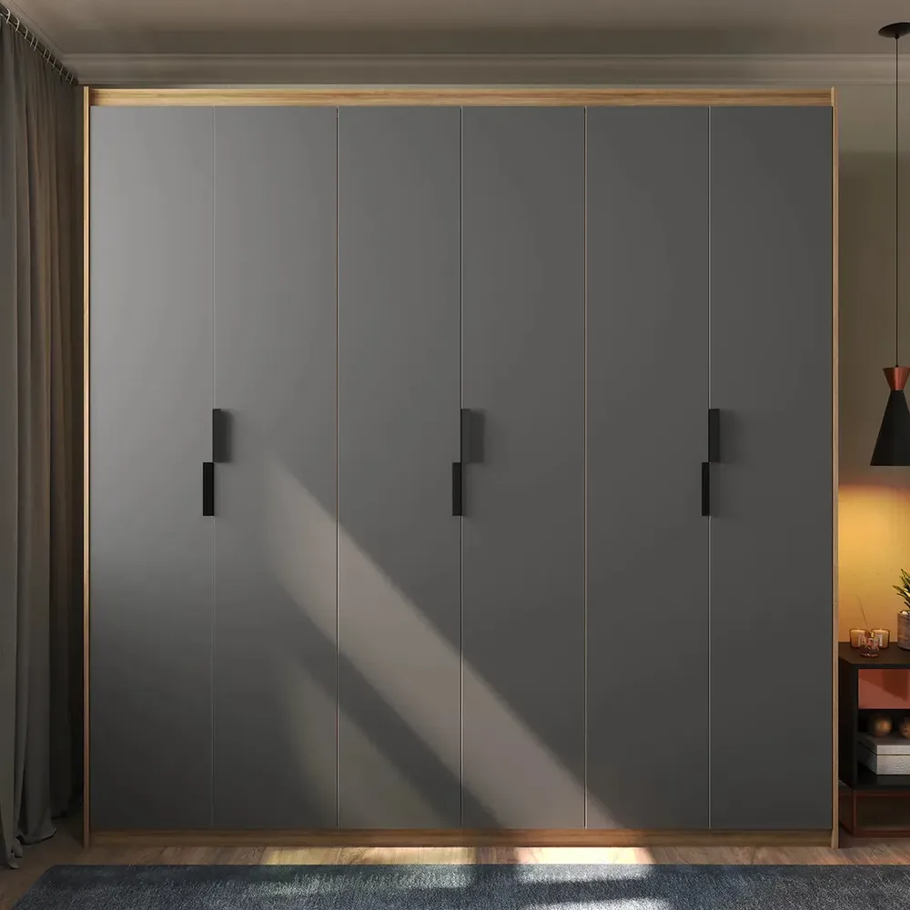 foto de Guarda-roupa duplo 6 portas 2 gavetas design industrial moderno cinza grafite e madeira