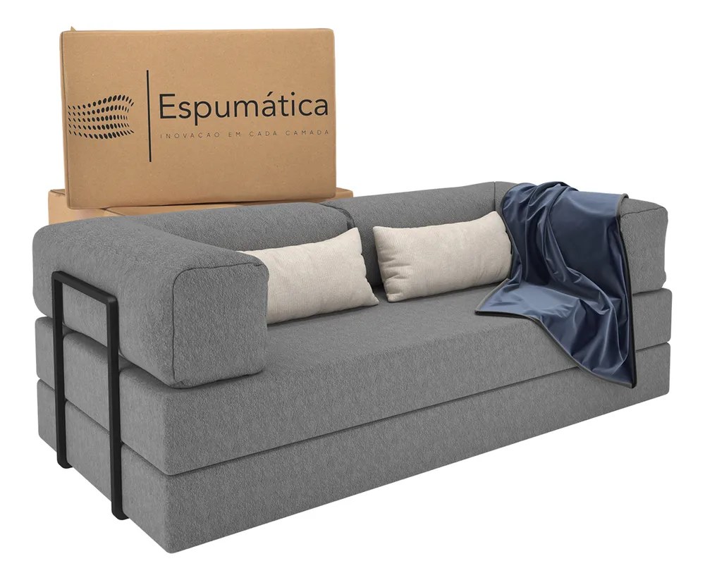 foto de Sofá Cama Casal 2 Em 1 Puff Pufe Na Caixa Industrial Moderno Cor Cinza