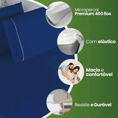 foto de Jogo de Lençol Casal 3 Peças 400 Fios Micropercal Azul-marinho Elástico