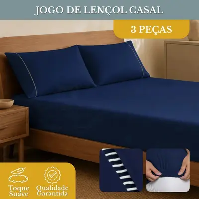 foto de Jogo de Lençol Casal 3 Peças 400 Fios Micropercal Azul-marinho Elástico